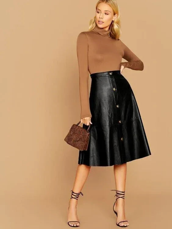 A-Line Knee Length Leather Skirt Black Button Front