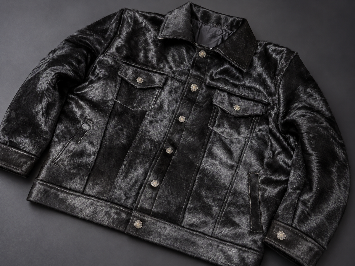 Black Cowhide Jacket in Genuine Hair-On Leather for Men
