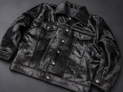 Black Cowhide Jacket in Genuine Hair-On Leather for Men