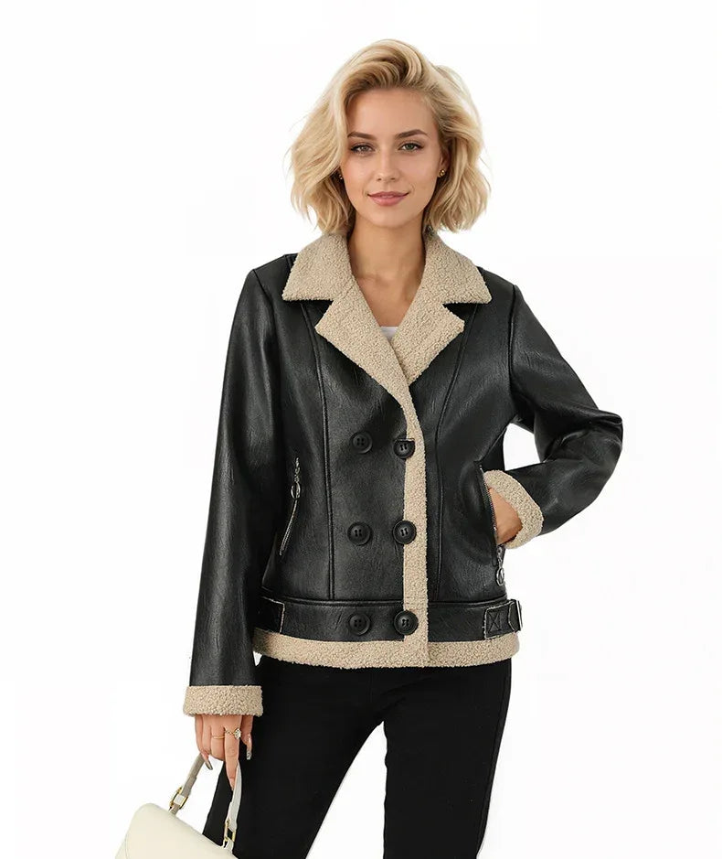 faux leather jacket with shearling women black beige