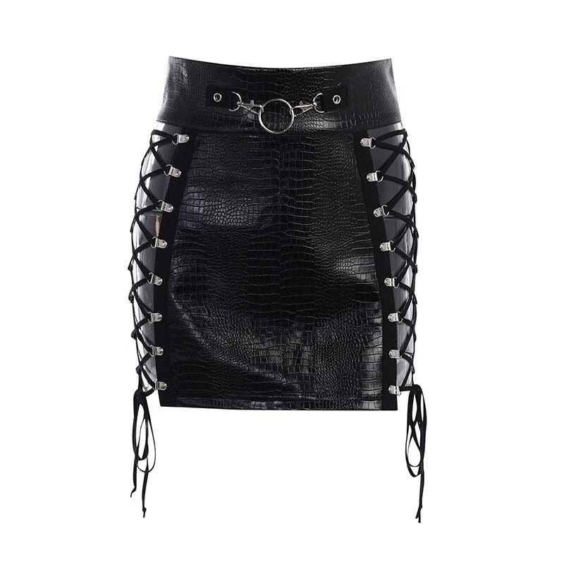 Women's black leather mini skirt with adjustable lacing