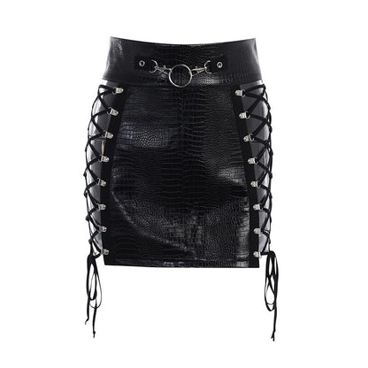 Women's black leather mini skirt with adjustable lacing