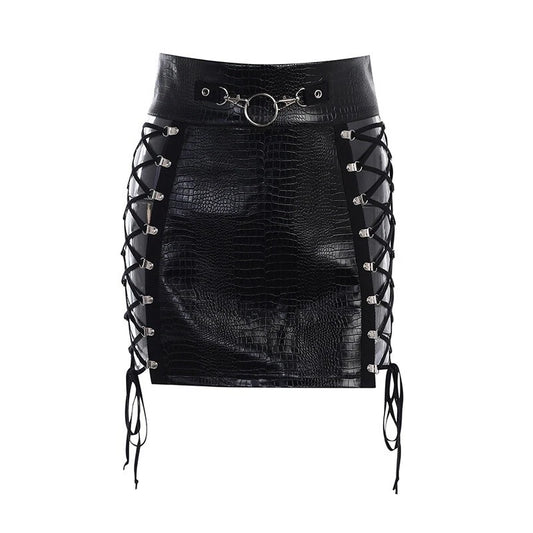 Women's black leather mini skirt with adjustable lacing