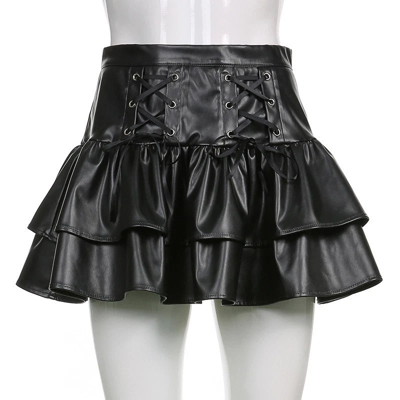 Black faux leather mini skirt lace up corset