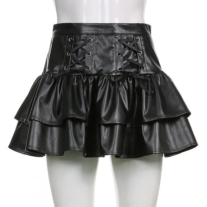Black faux leather mini skirt lace up corset