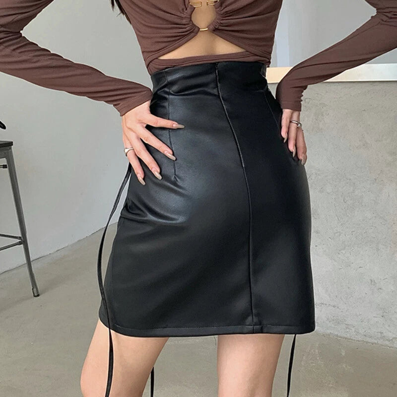 Black faux leather mini skirt bodycon high waist