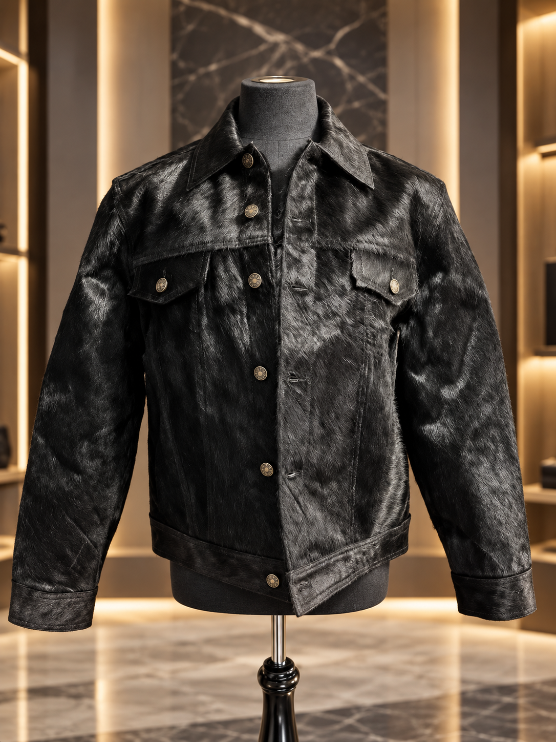 Black Cowhide Jacket in Genuine Hair-On Leather for Men