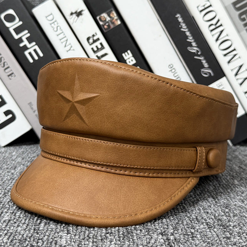 Men genuine leather captain's cap Brown With Star S