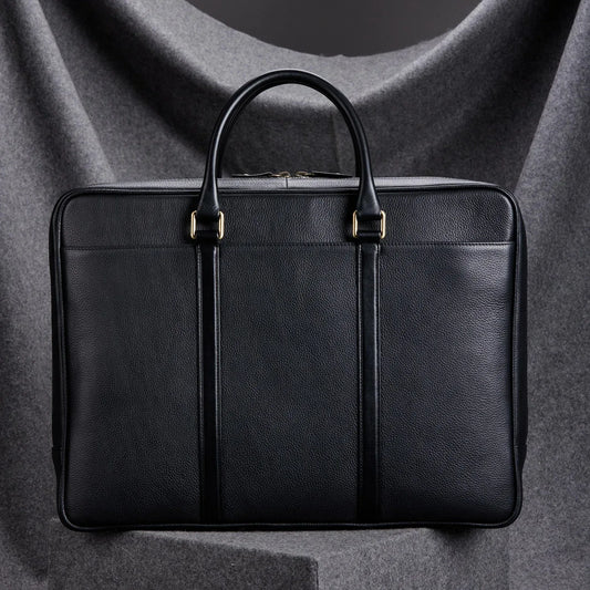 Black Leather Briefcase for Men with Double Handles and Laptop Storage