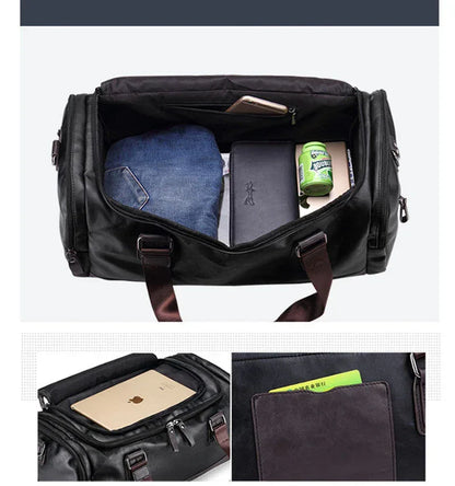 Black Leather Duffle Bag Travel Luggage