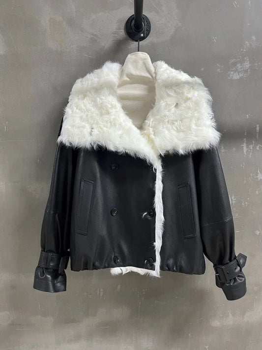 Black Leather Fur Collar Jacket for Women with Buckled Cuffs