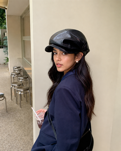 Leather womens beanie with short brim crown