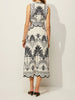 Black palm print midi dress with a fitted sleeveless bodice and open side-waist panels.