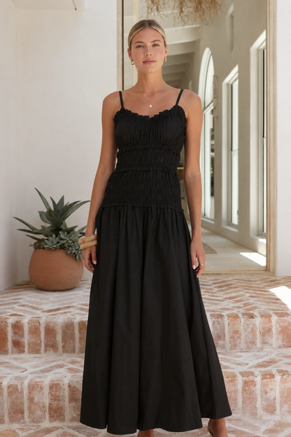 Smocked Spaghetti Strap Ruffle Trim Beach Maxi Dress