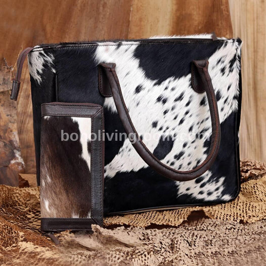 Cowhide Tote Bag Black White Hair-On With Matching Wallet