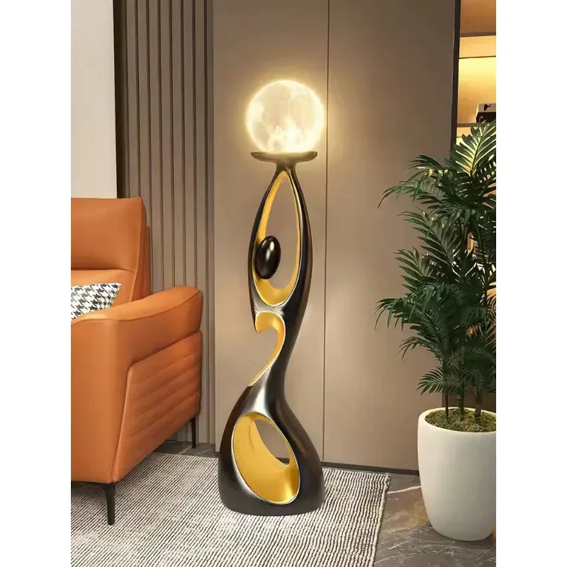 Black and Gold Moon Floor Lamp Sculptural Resin Light Black With Light