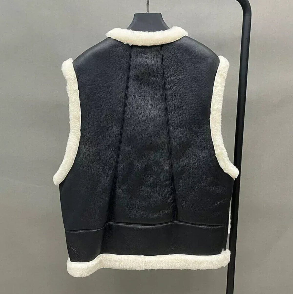 Leather Black Aviator Vest With Cream Shearling Trim