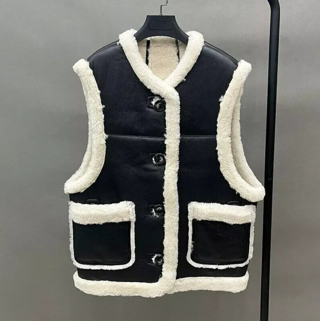 Leather Black Aviator Vest With Cream Shearling Trim