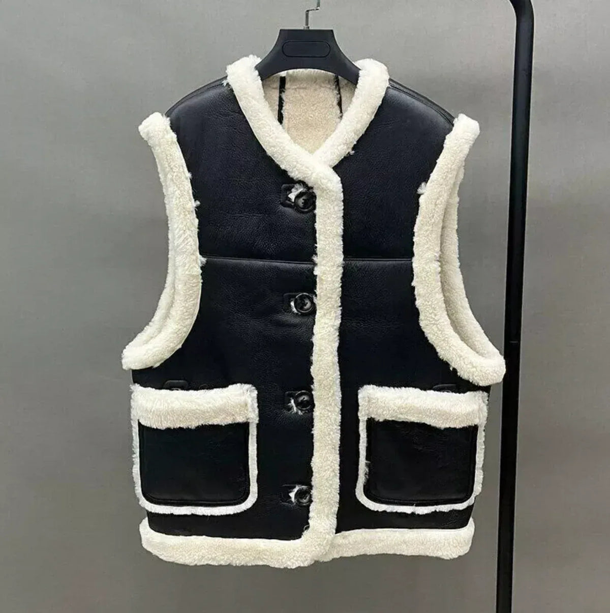 Leather Black Aviator Vest With Cream Shearling Trim