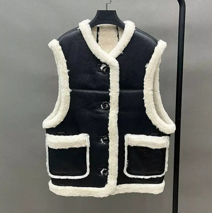 Leather Black Aviator Vest With Cream Shearling Trim