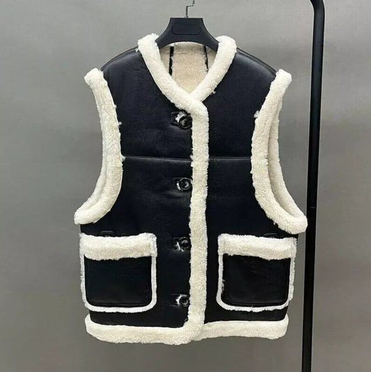Leather Black Aviator Vest With Cream Shearling Trim