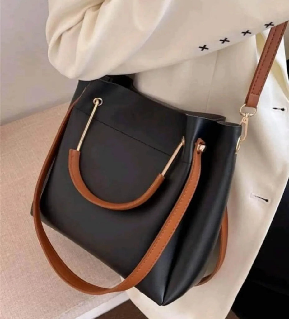 Black and brown leather tote bag genuine shoulder carryall