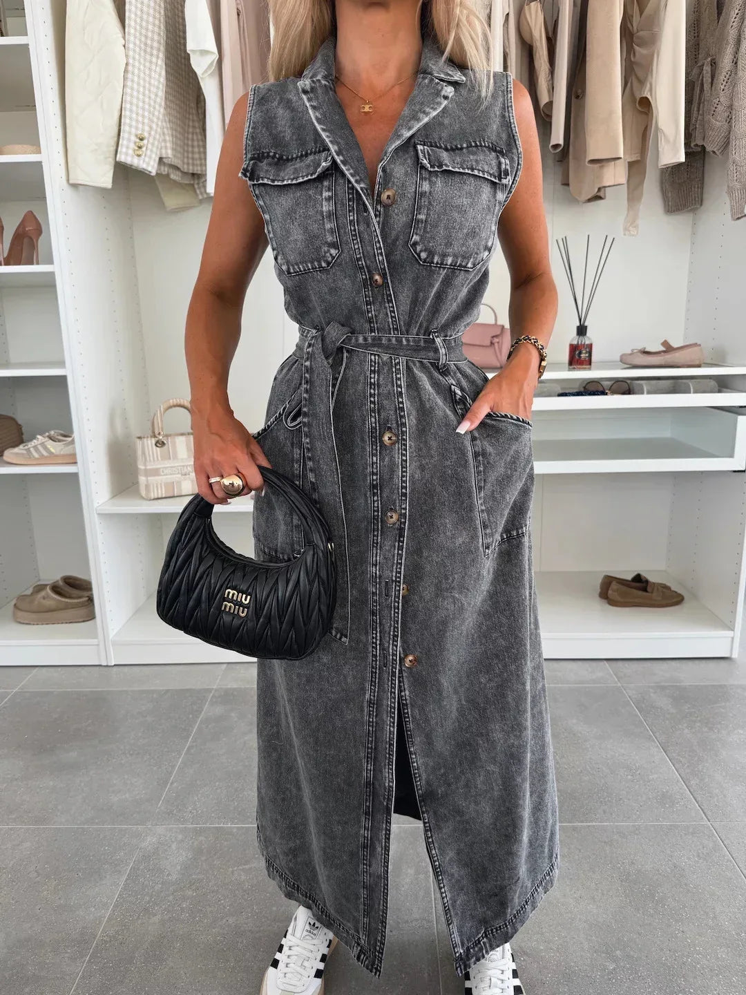 Black Denim Maxi Dress for Women Sleeveless Button Front