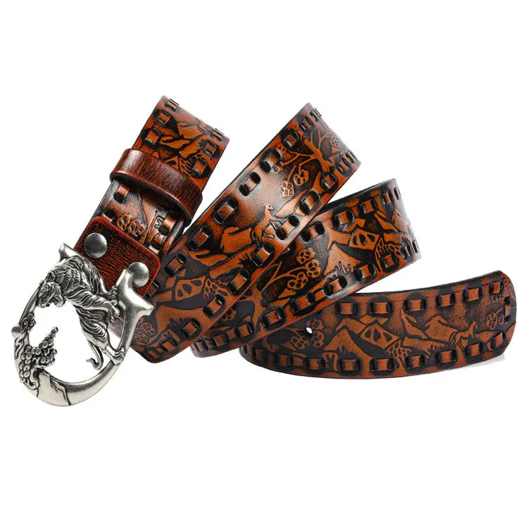 Women's Embossed Leather Belt with Tiger Buckle