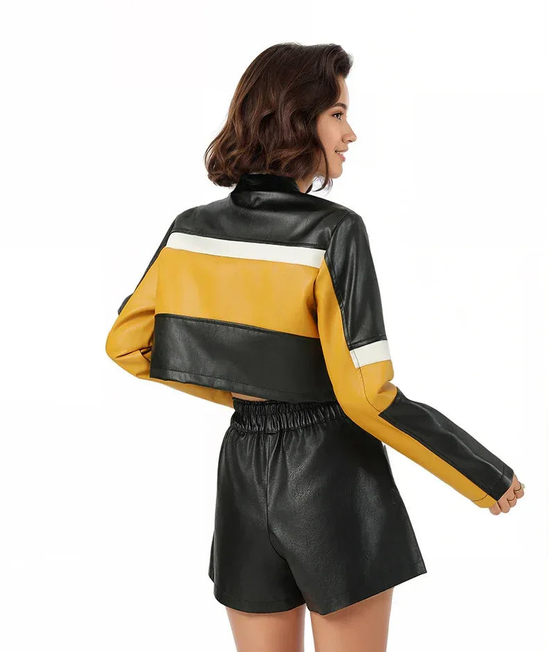 Cropped Faux Leather Biker Jacket in Yellow Black