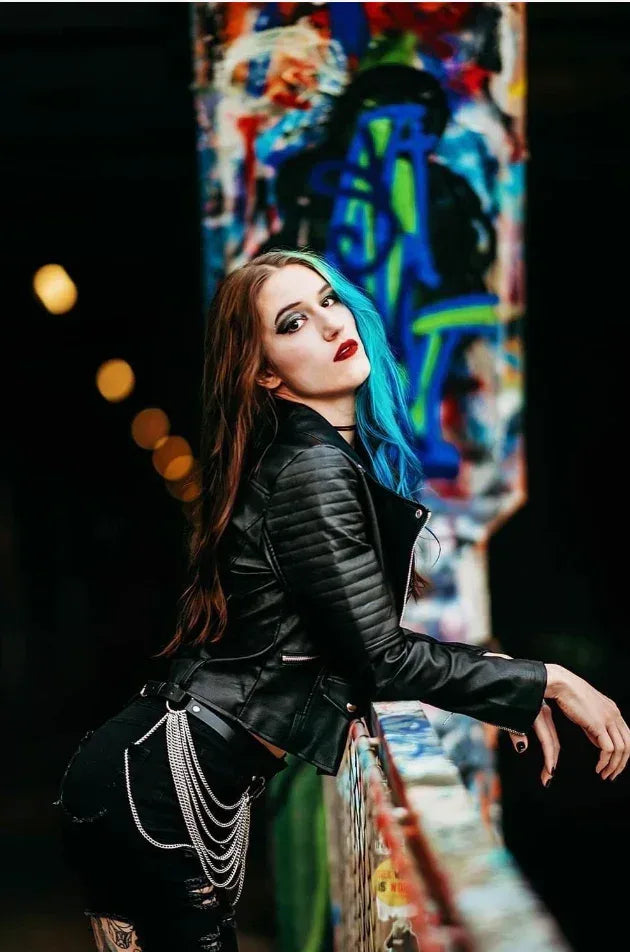 brown faux leather biker jacket women belted cropped fit
