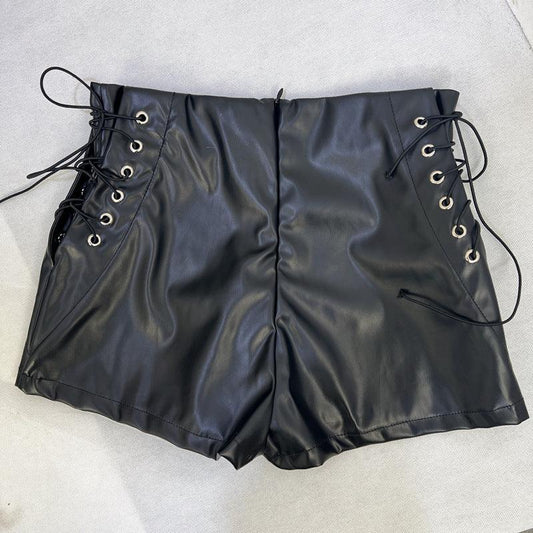 Women’s Black Faux Leather Lace Up Shorts