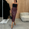 Black Faux Leather Midi Pencil Skirt with Back Slit