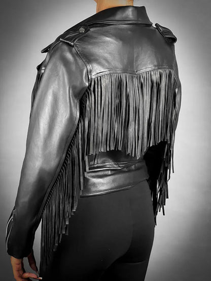 Black Fringe Jacket Women Leather Moto Biker Style