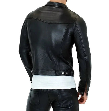 mens black genuine leather jacket slim fit shirt style