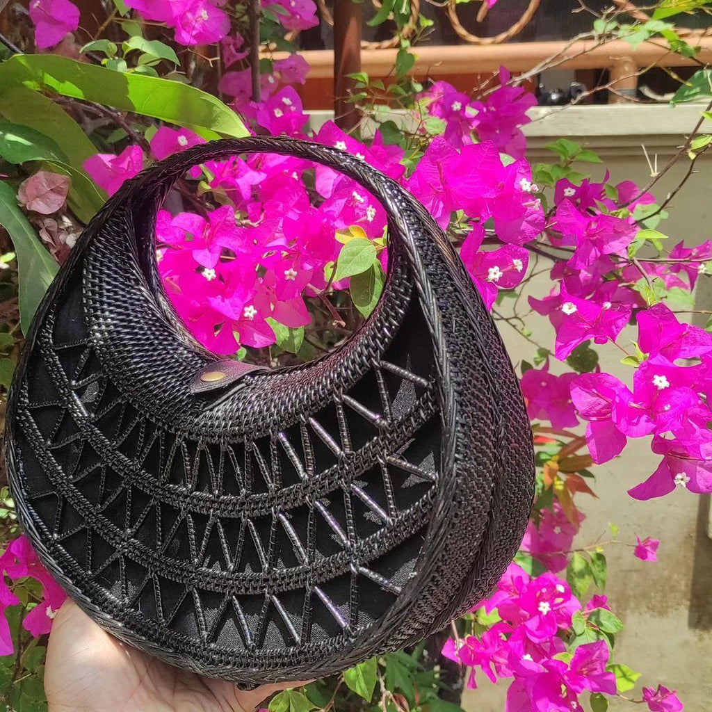 Ata Black Half Moon Bag With Lattice Woven Handle