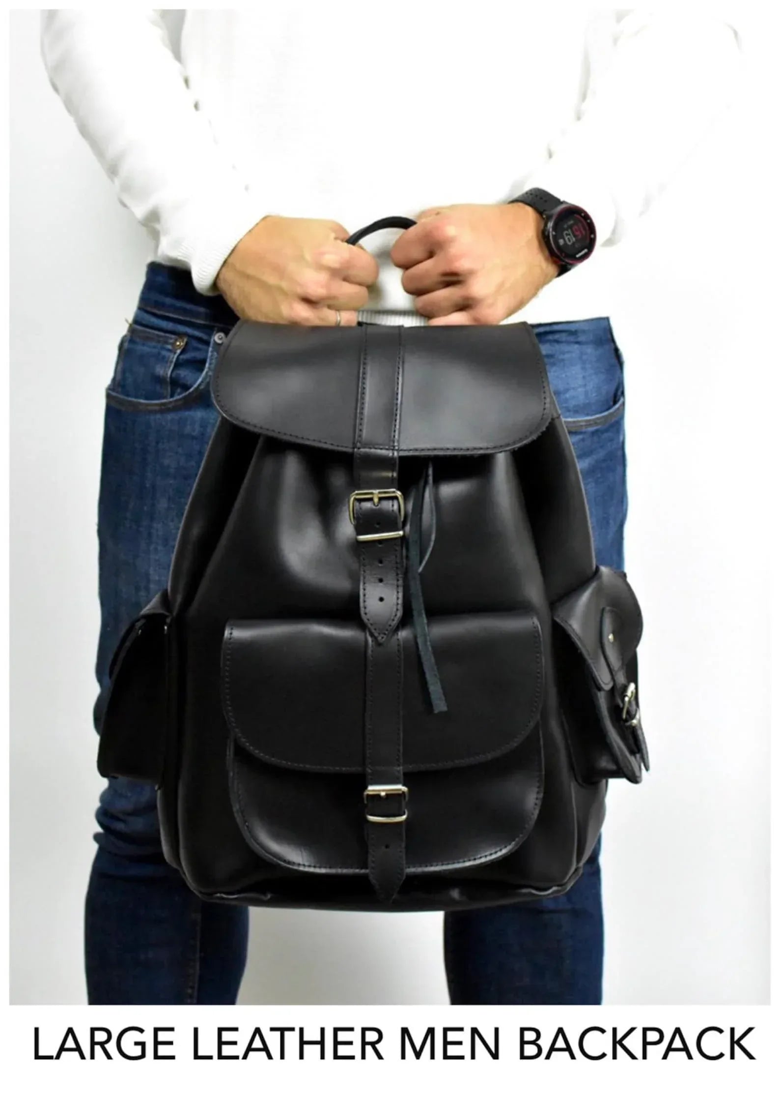 large leather backpack black full grain travel