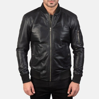 Black Leather Biker Jacket for Men Slim Fit