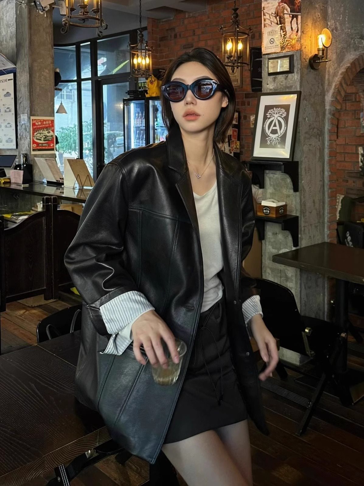 Black Leather Blazer Women Lapel Collar Single Button Shirt Jacket