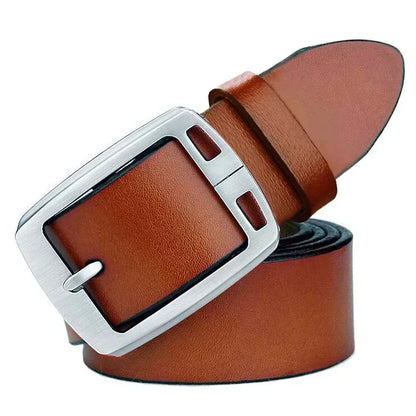 Men’s Cowhide Belt with Rectangular Silver Buckle Light Brown S