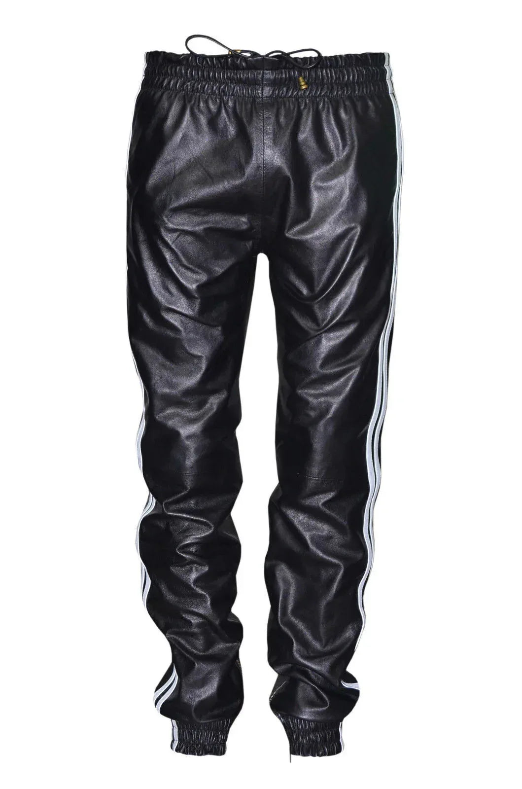 Black leather joggers mens style featuring two white outer-leg stripes.
