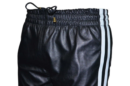 Black leather jogging pants with sporty double side stripes