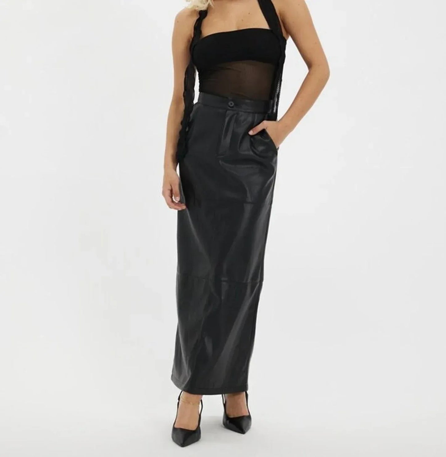 Black Leather High Waist Maxi Skirt