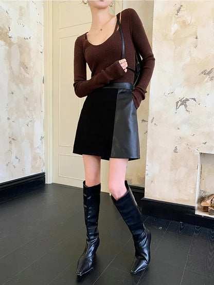 Black Leather Mini Skirt With Suede Contrast