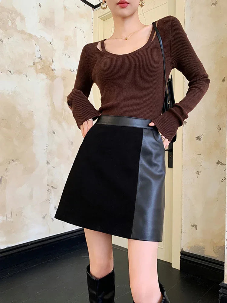 Black Leather Mini Skirt With Suede Contrast