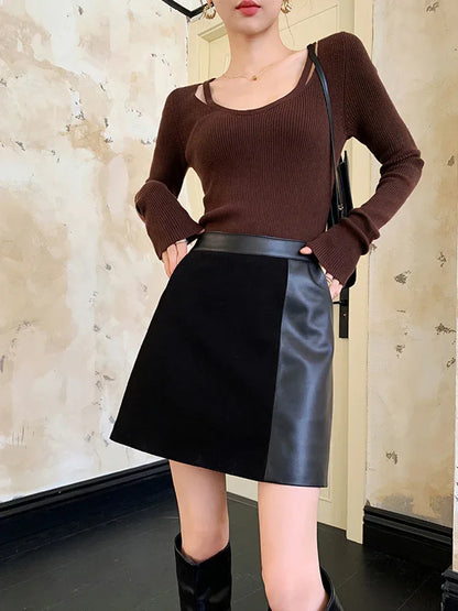 Black Leather Mini Skirt With Suede Contrast
