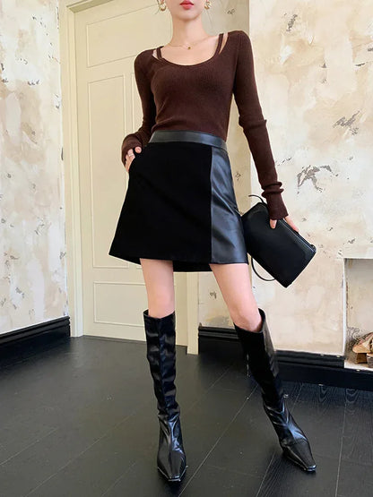 Black Leather Mini Skirt With Suede Contrast