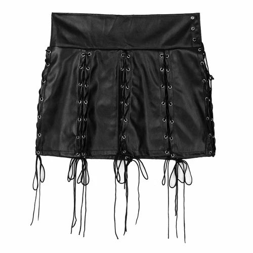 Black faux leather mini skirt with lace-up details