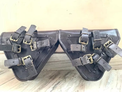 Leather Pannier Bags for Motorcycle with Buckle Straps