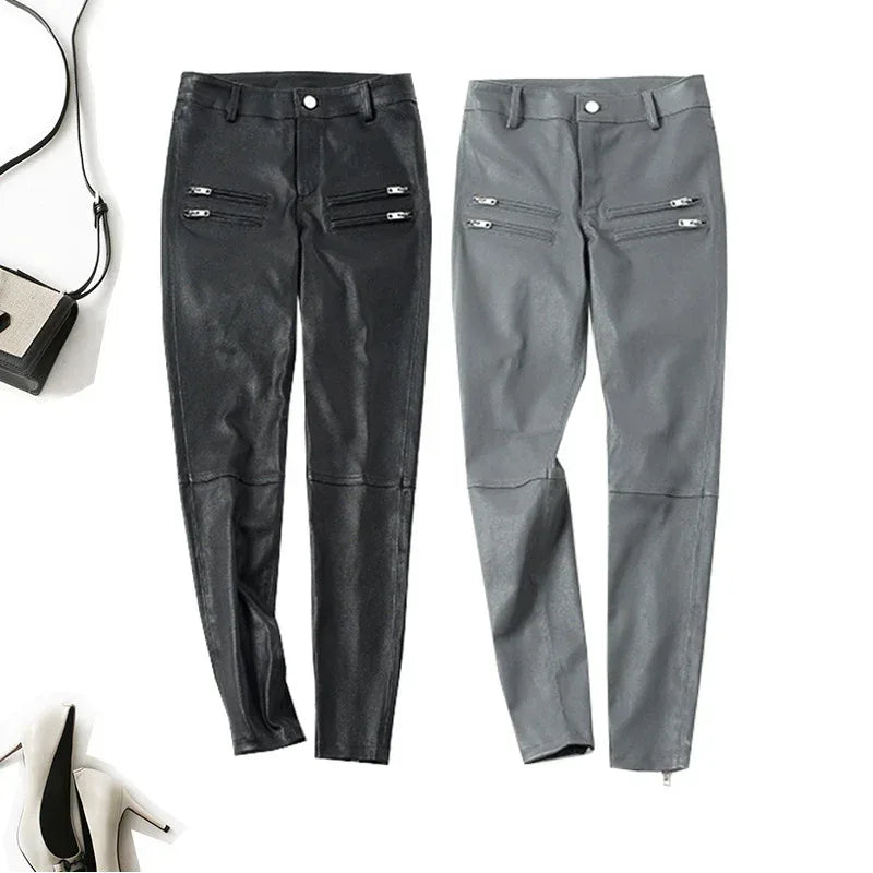 Women's Skinny Sheepskin Leather Pants with Zippers