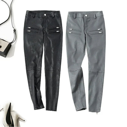 Women's Skinny Sheepskin Leather Pants with Zippers